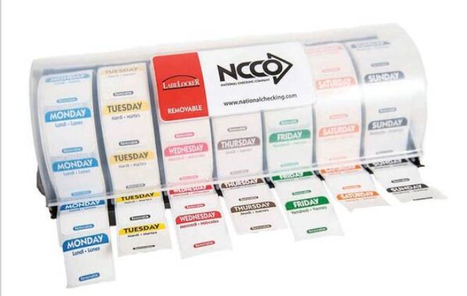 National Check - Label Locker Plastic Dispenser with 7 Rolls of Removable Labels for every day of the week