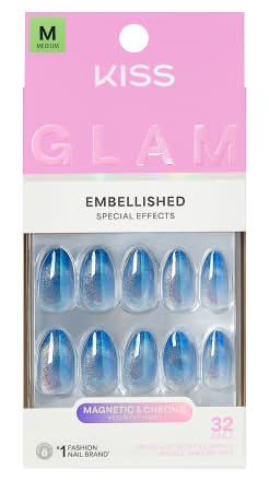 KISS Glam Embellished Special Effects Press on Nails With Glue, M, Blue (0.07 oz, 32 ct)