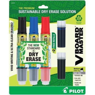 Pilot 3pk VBoard Master Dry Erase Markers Chisel Tip Multicolored Ink with Bonus Refills