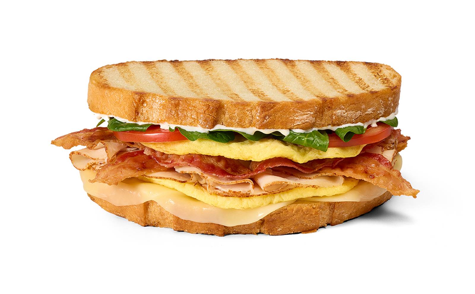 Panini Breakfast Toasted Whole Mainstream: Egg Omelet Cali Style Oven Roasted Turkey Bacon Ranch - Each