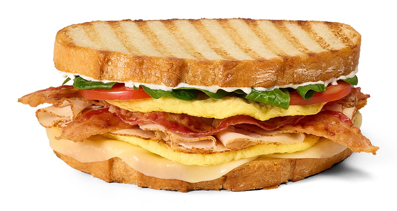 Panini Breakfast Toasted Whole Mainstream: Egg Omelet Cali Style Oven Roasted Turkey Bacon Ranch - Each