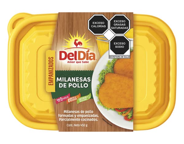 Del Día · Milanesas de pollo formadas y empanizadas listas para cocinar (450 g)