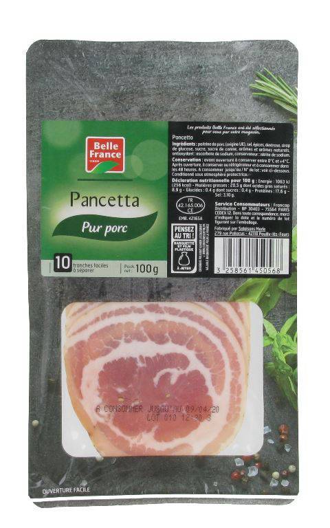 Pancetta x 10 tranches bf barquette 100 g