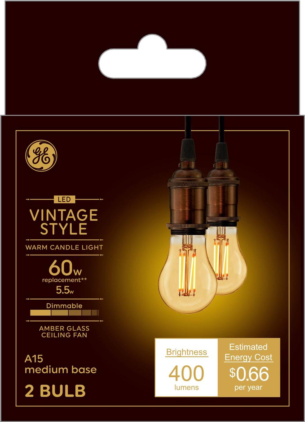 GE Vintage 60 -Watt EQ A15 Warm candlelight Medium base (E-26) Dimmable LED Decorative Light Bulb 2 -Pack | 33528