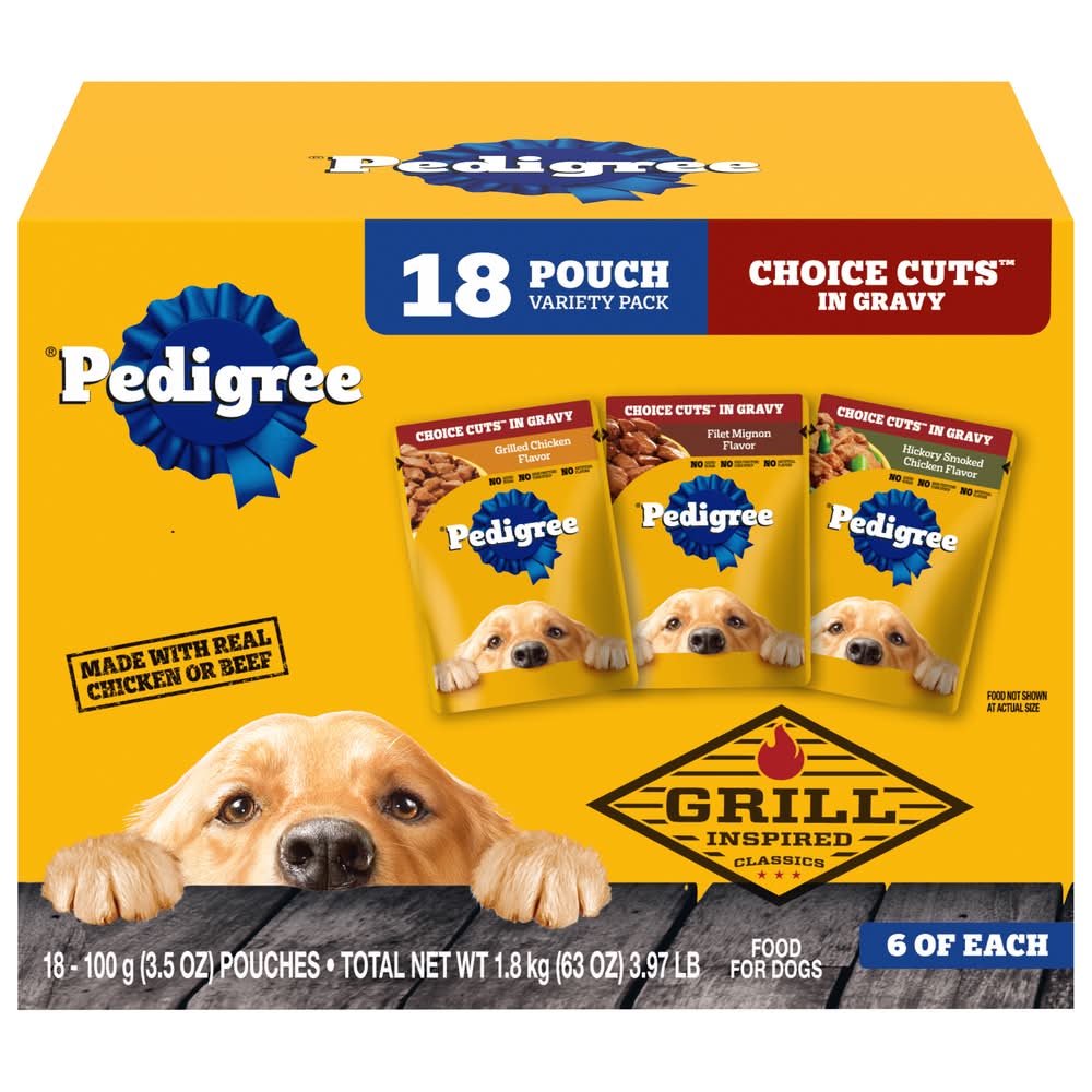 Pedigree Choice Cuts in Gravy Wet Dog Food Pouches Variety pack, Grilled Chicken-Filet Mignon-Hickory Smoked Chicken, Adult (18 x 3.5 oz)