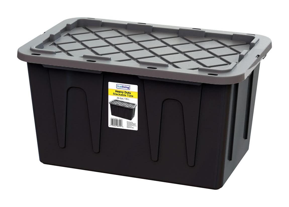 TrueLiving Heavy Duty Stackable Storage Tote With Lid 20 Gal, Black-Gray