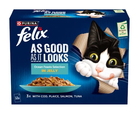 Purina Felix Cod, Plaice, Salmon, Tuna, As Good As It Ocean Feasts Selection in Jelly Wet Cat Food (12 x 85g)