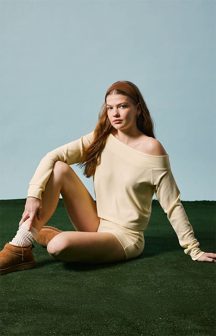 PAC 1980 Active Aspen Waffle Knit Off-The-Shoulder Sweatshirt Garden Yellow S