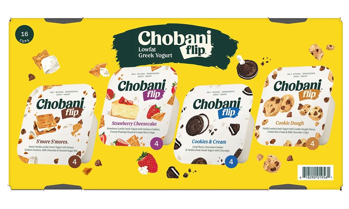 Chobani · Yogur griego bajo en grasa surtido, s'more s'mores-strawberry cheesecake-cookies & cream-cookie dough (16 x 150 g)