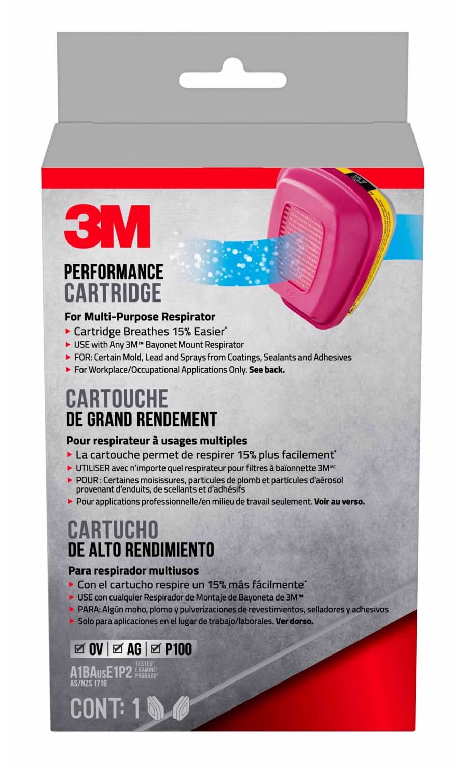 3M P100 Acid Gas And Organic Vapor Respirator Cartridge Replacement Pink 2 Pc