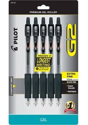 Pilot G2 Extra Fine Premium Gel Ink Roller Pens, 0.5 mm, Black (5 ct)