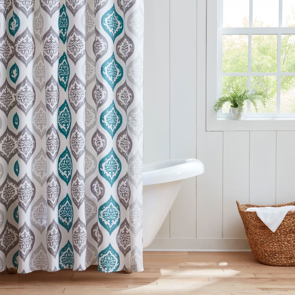 allen + roth 72.0-in W x 72-in L Teal Ikat Mildew Resistant Polyester Shower curtain