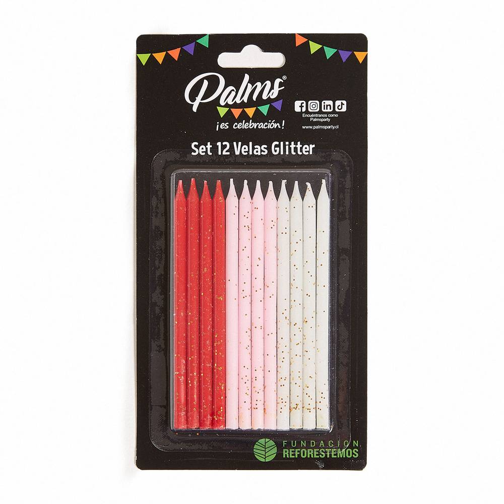 Set 12 Velas Glitter Blanco-Rosado-Rojo