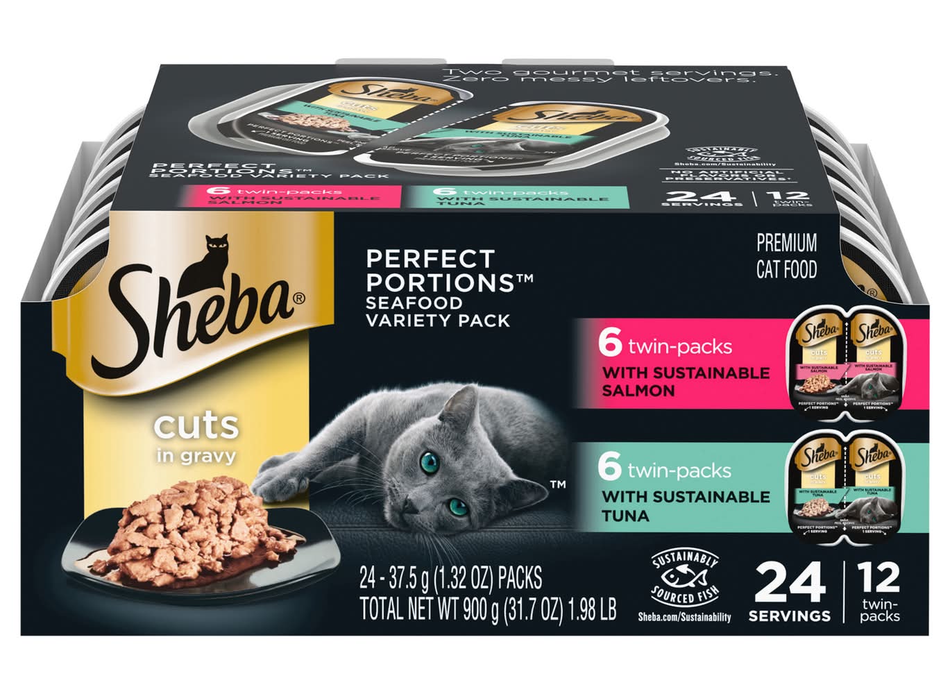 Sheba Perfect Portions Seafood Cuts in Gravy Wet Cat Food Variety pack, Salmon-Tuna (24 x 1.32 oz)