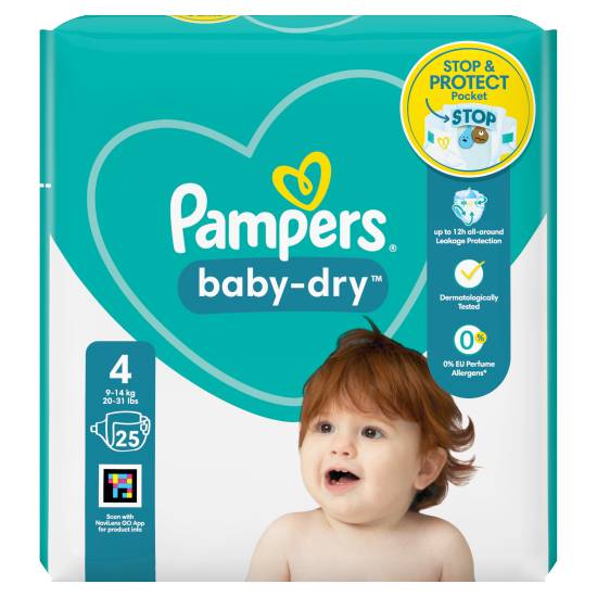 Pampers Baby-Dry Size 4, 25 Nappies, 9kg-14kg, Carry pack