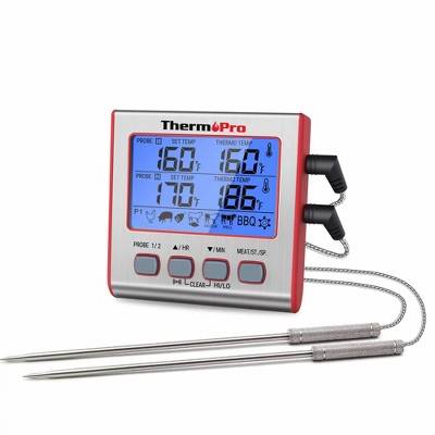 ThermoPro TP17W Digital Meat Thermometer with Dual Probes and Timer Mode Grill Smoker Thermometer with Large LCD Display in Red