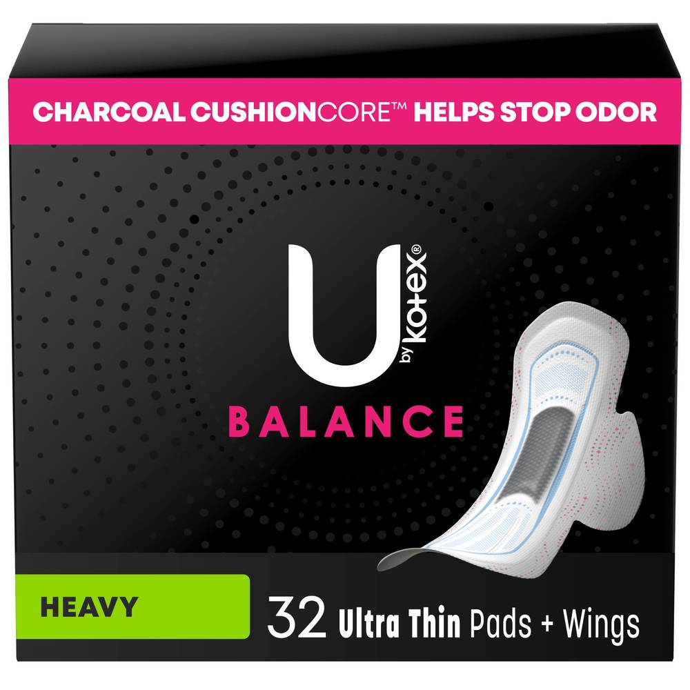 U by Kotex CleanWear Ultra Thin Pads with Wings, Heavy Flow, Fragrance-Free, 30 Count