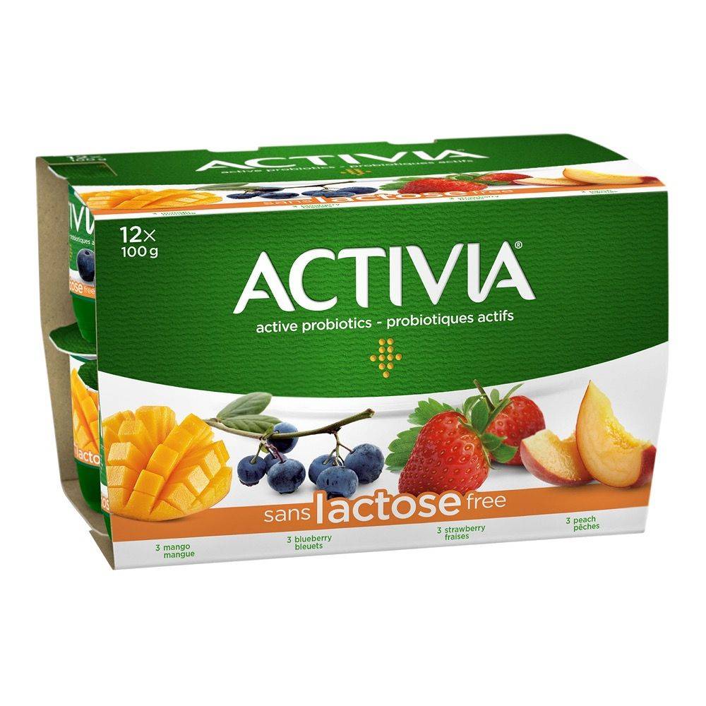 Activia Lactose Free Probiotic Yogurt, Peach-Strawberry-Mango-Blueberry (12 x 100 g)