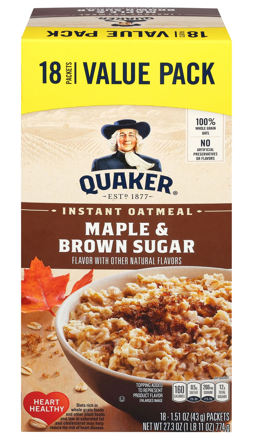 Quaker Instant Oatmeal, Maple & Brown Sugar (27.3 oz, 18 ct)