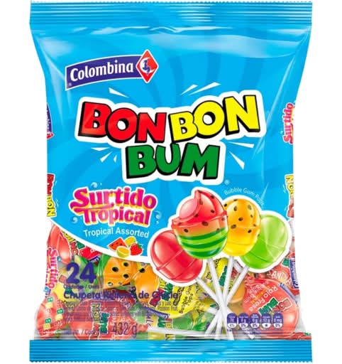 Bon Bon Bum Lollipop With Gum Tropical Flavours Pack Of 24 Lollipop With Gum Tropical Flavours 24 Pack 456g