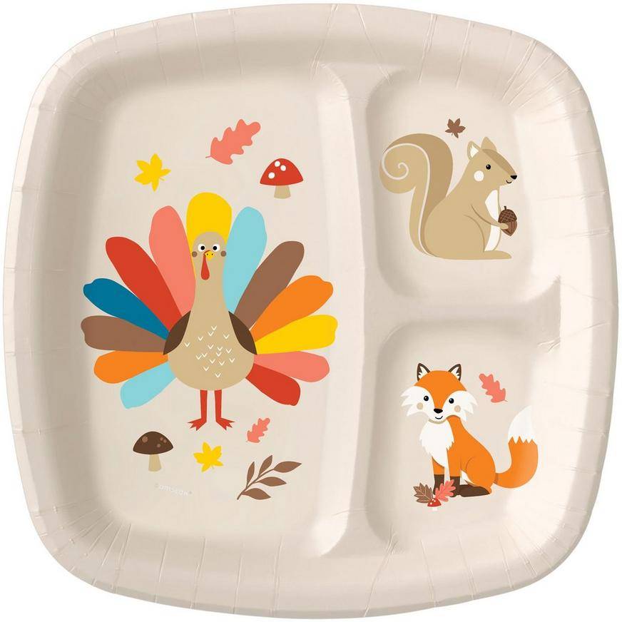 Happy Thanksgiving Turkey Kids Divided Paper Plates, 9in, 8ct