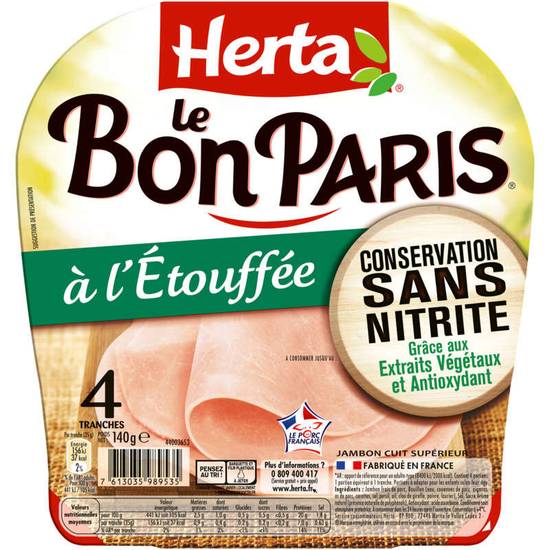 Herta le bon paris jambon cuit à l'étouffée -conservation sans nitrite 4 tranches 140 g