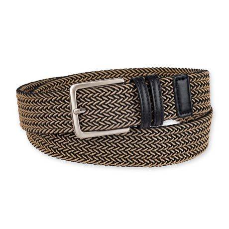 Arrow Men''s 35mm Stretch Fabric Braid w/ Leather Trim Belt (Color: Black/Khaki, Size: L)