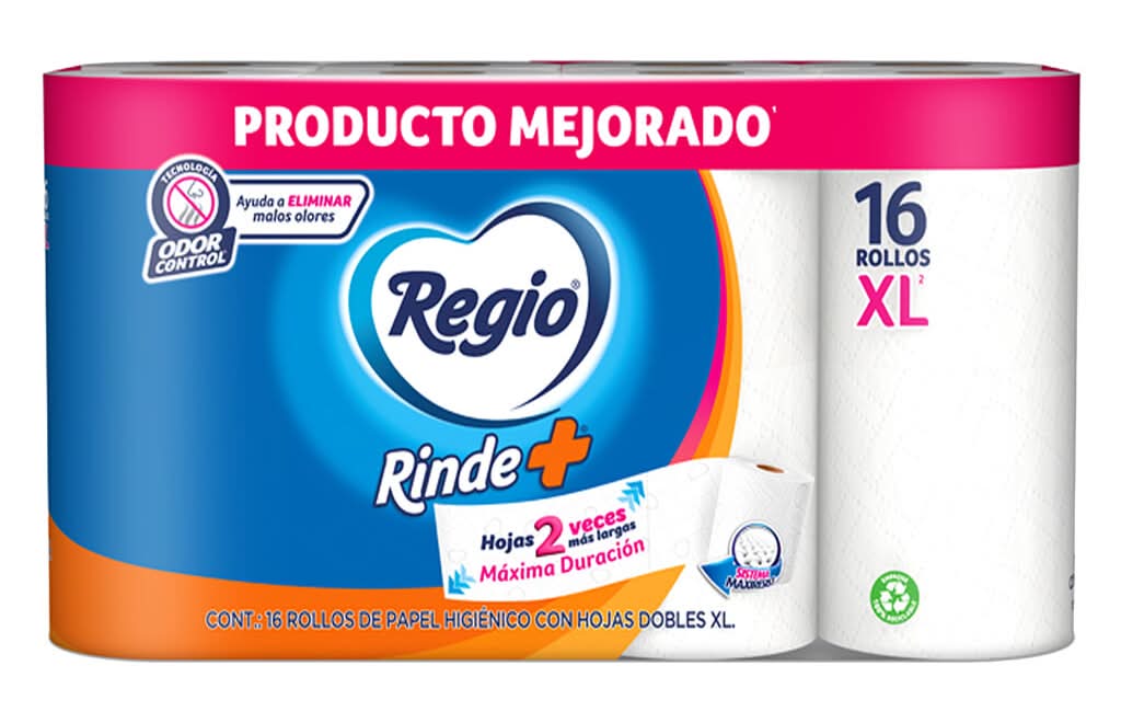 Regio · Rinde+ papel higiénico doble hoja, XL (16 un)