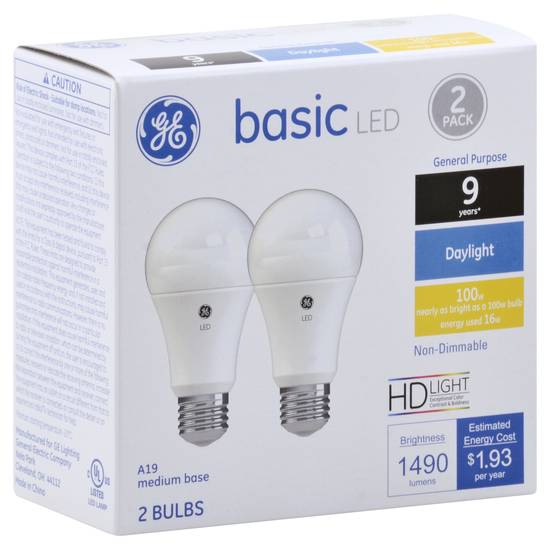 Ge Lighting Basic Led Hd Light 100w/16w A19 Non-Dimmable 1490 Lumens (2 ct)