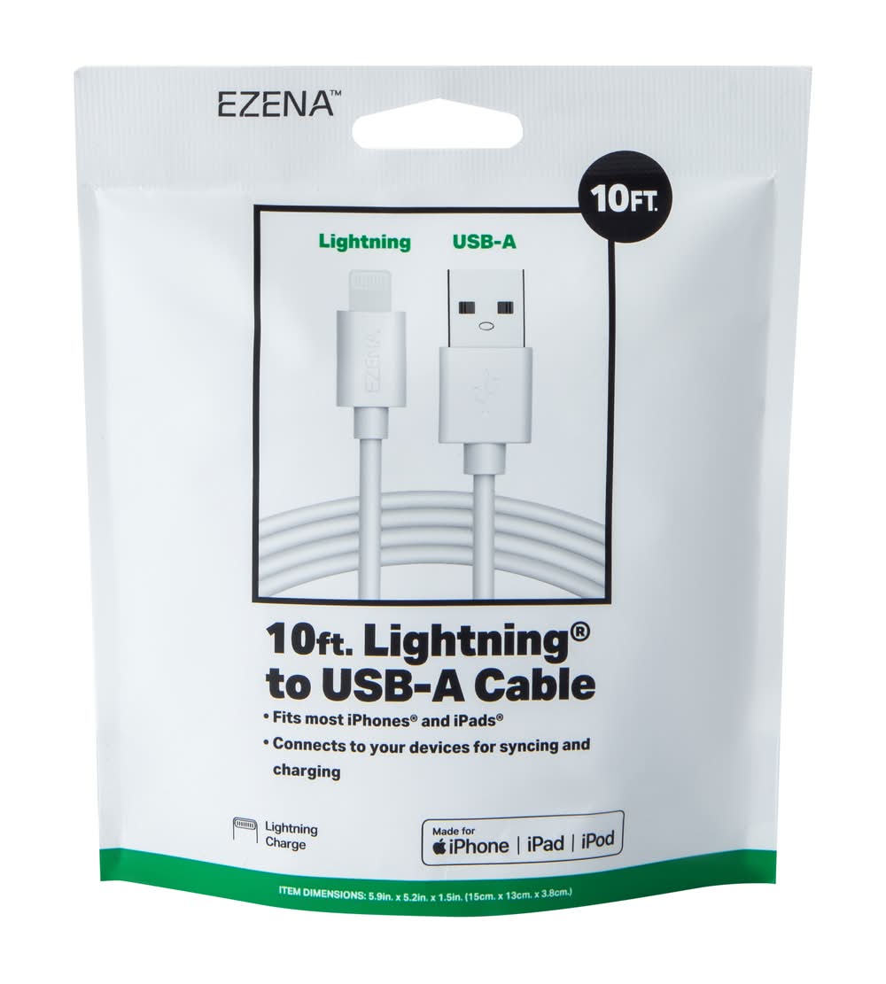 Ezena Lighting To Usb-A Cable, 10 ft, White