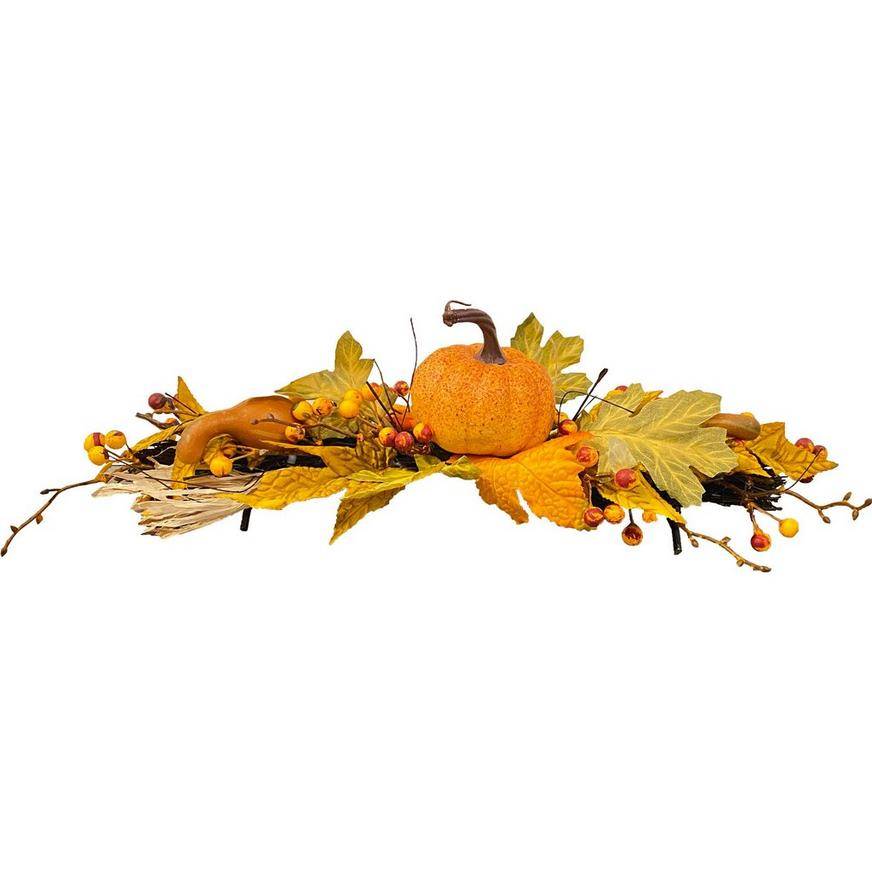 Pumpkins, Leaves Wheat Natural Synthetic Fall Centerpiece, 18in x 5in