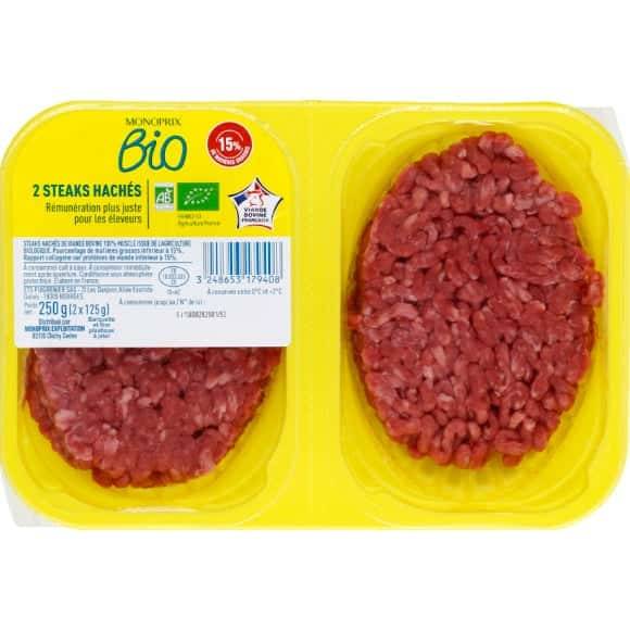 Monoprix Bio Steak Haché De Boeuf Façon Bouchére 15% Mat. Gr. Bio La Barquette De 2 ; 250 G