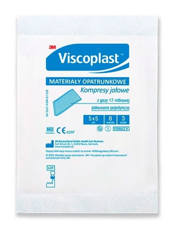 Viscoplast Jałowe kompresy gazowe z gazy bawełnianej 17-nitkowe 8 warstw 5 cm x 5 cm 3 sztuki