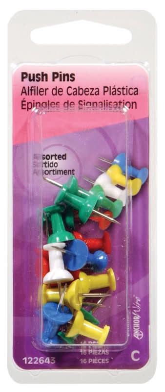 Hillman Assorted Push Pins 16 Pk