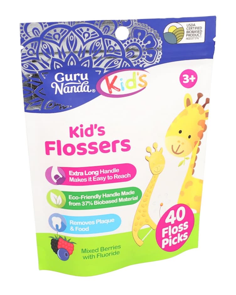GuruNanda Kid’s Giraffe Shaped Fluoride-Free Flossers For 3+ Years, Mixed Berries (40 ct)