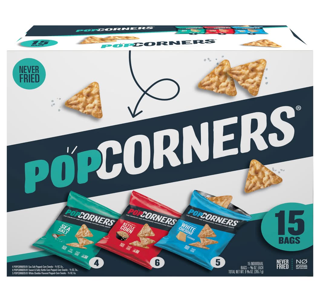 PopCorners Popped-Corn Snack Variety pack, Sea Salt-Kettle Corn-White Cheddar (15 x 0.62 oz)