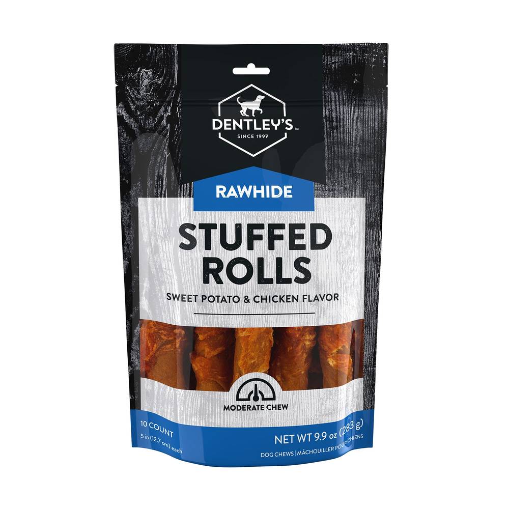 Dentley's Gourmet Rawhide Stuffed Rolls Dog Treats, Sweet Potato-Chicken, 5 IN (9.9 oz, 10 ct)