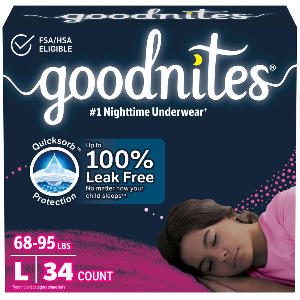 GoodNites Quicksorb Protection Nighttime Underwear, Women, L (34 ct)