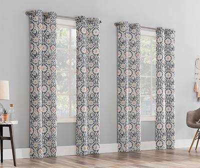 Serafina Charcoal Floral Damask Room-Darkening Grommet 4-Piece Curtain Panel Set, (84")