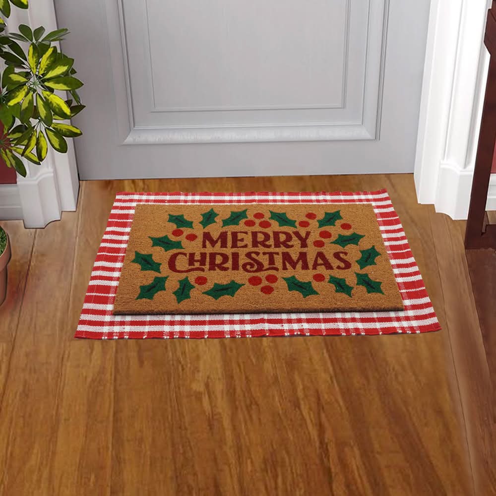 Holiday Living 24-in x 36-in Red White Polyester/Coir/Latex Non-Slip Grip Indoor or outdoor Winter Door Mat