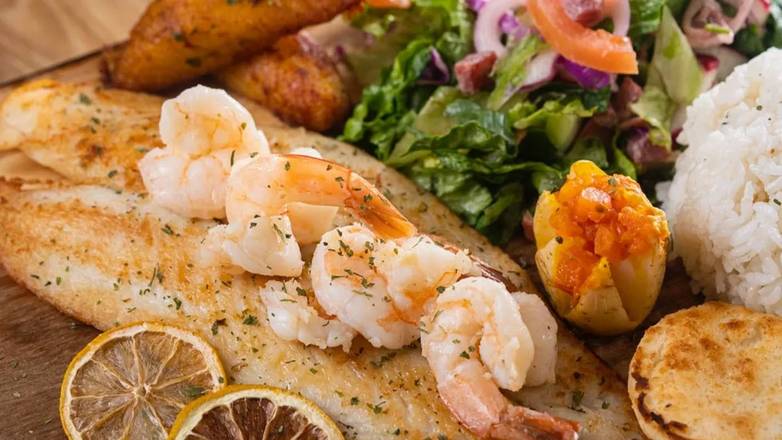 Grilled Flounder and Shrimp with Garlic Butter Sauce
