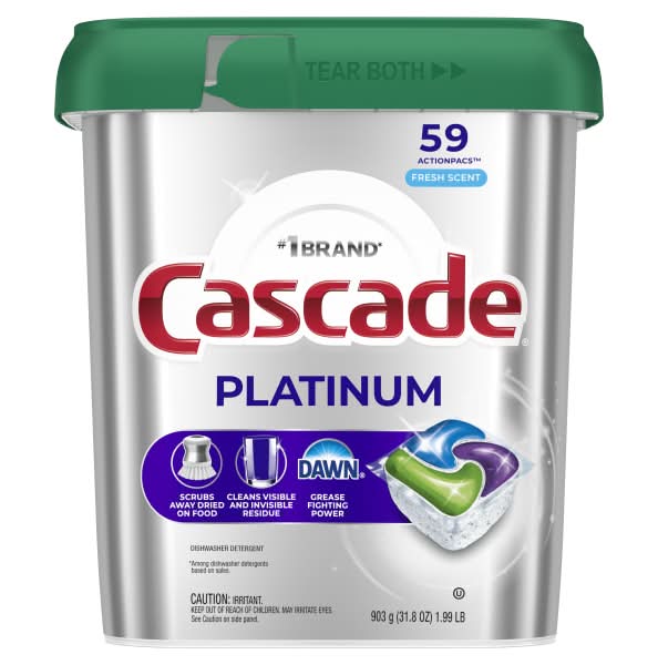 Cascade Platinum Dishwasher ActionPacs, Fresh, 1.99 Lb, Pack Of 59 Pacs