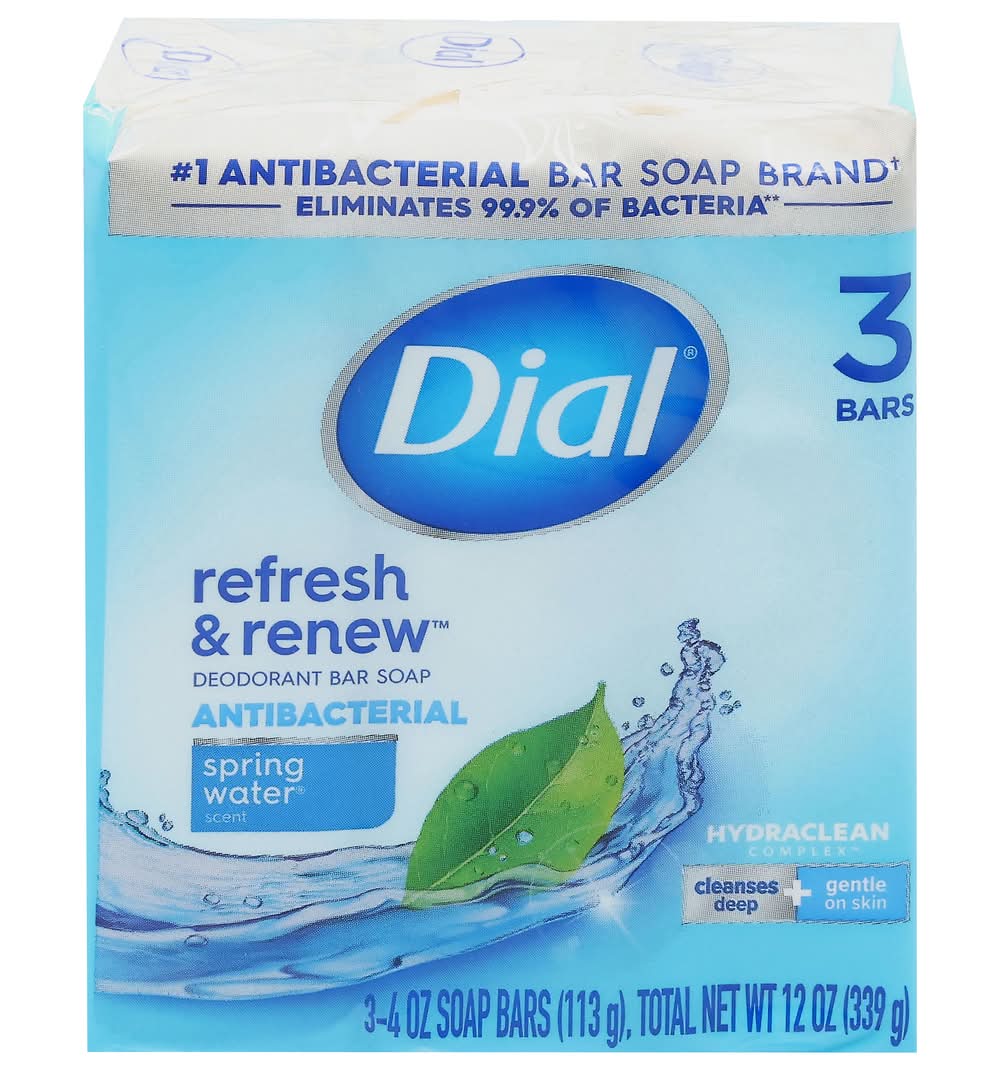 Dial Refresh & Renew Antibacterial Deodorant Soap Bars, Spring Water (3 x 4 oz)