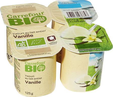 FID - Yaourt lait entier vanille CARREFOUR BIO - les 4 pots de 125g