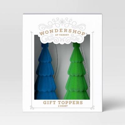 2ct Flocked Tree Christmas Gift Topper Blue/Green - Wondershop™: Holiday Gift Bag Accessory, Christmas Gift Wrap Decor