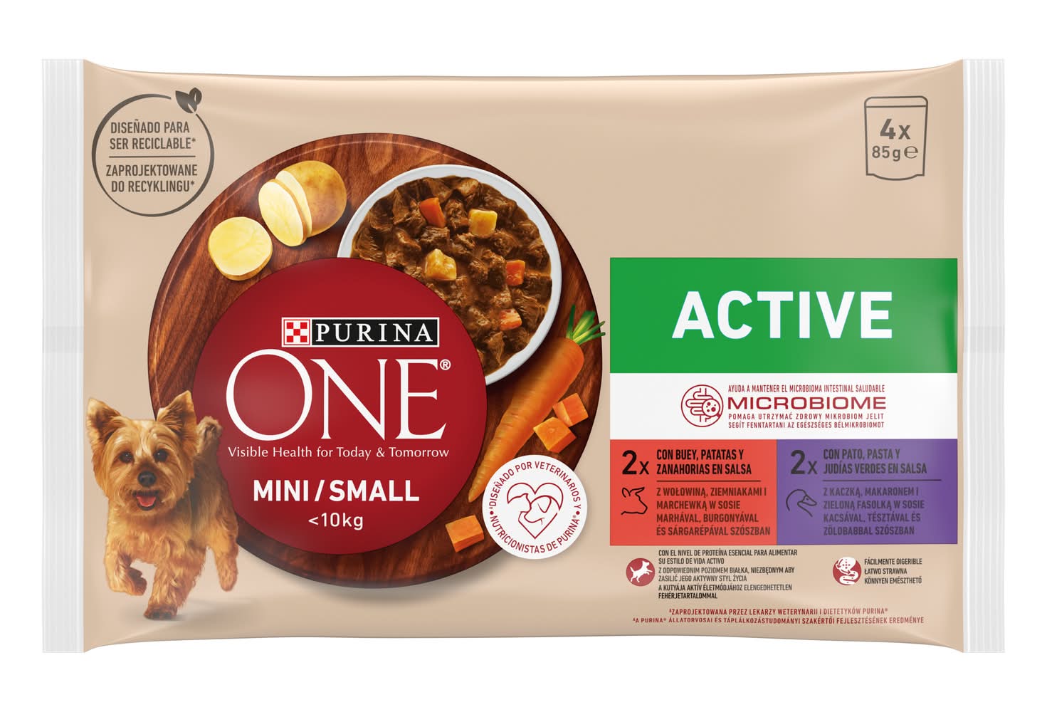 Active comida para perro mini buey y pato · Purina One (4 x 85 g)