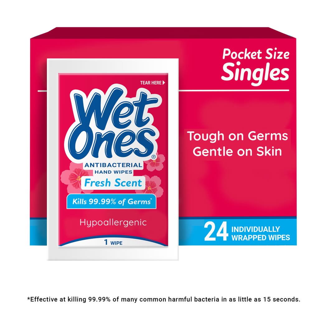 Wet Ones Pocket Size Singles Hypoallergenic Antibacterial Hand Wipes, Fresh (6.4 oz, 24 ct)