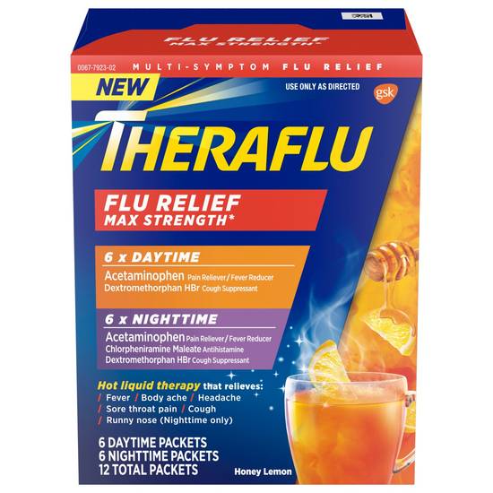 Theraflu Flu Relief Max Strength Daytime/Nighttime Combo Pack, Hot Liquid Powder Packets, Honey Lemon, 12 CT
