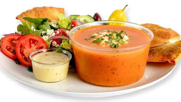 Tomato Basil Soup with Greek Salad