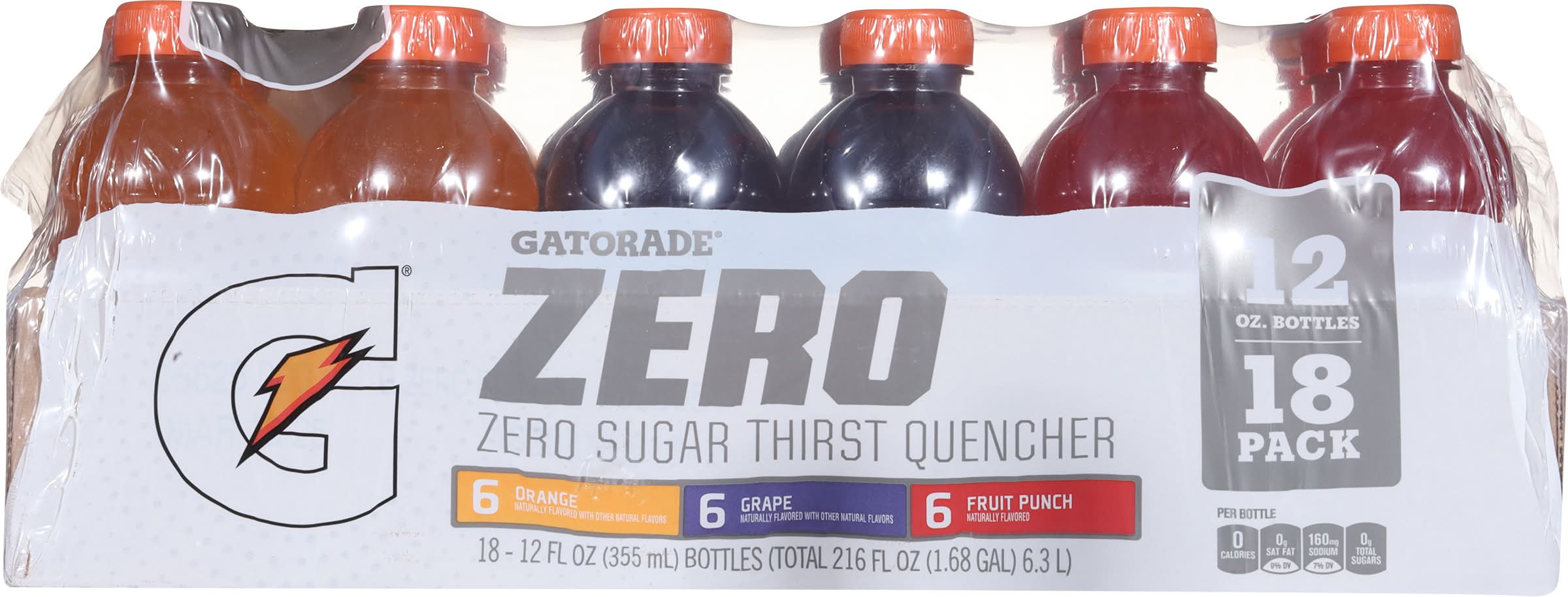 Gatorade Zero Sugar Thirst Quencher Variety pack, Fruit Funch-Grape-Orange (18 x 12 fl oz)